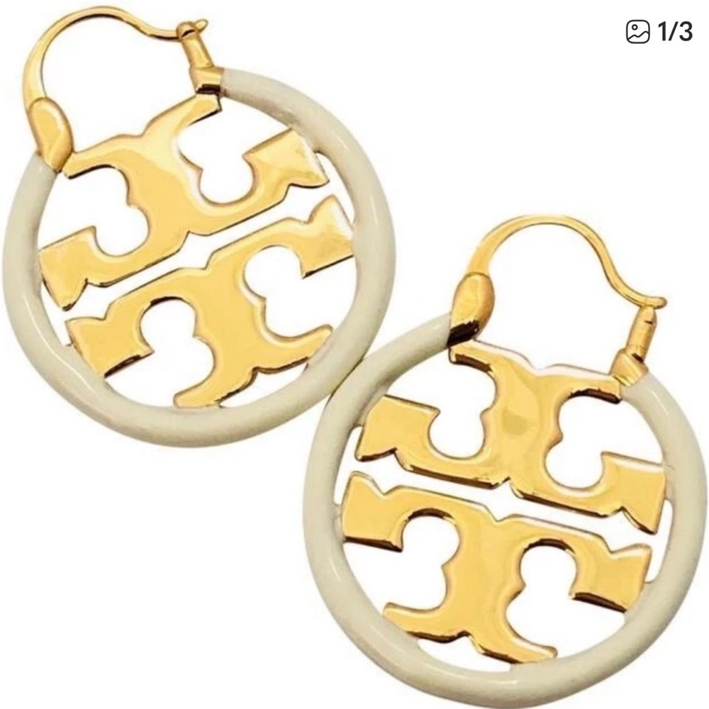 Tory Burch Gold and Cream Logo Hoop Earrings